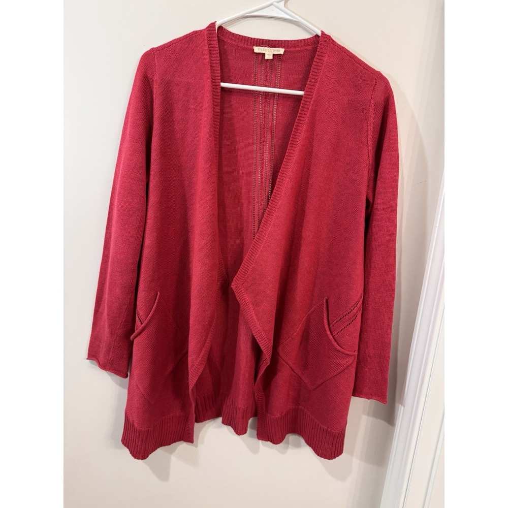 Eileen Fisher Open Front‎ Linen Petite Small Red Cardigan Sweater